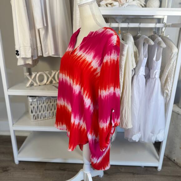 Cato Women's Size L Red and Pink Tie Dye Striped High Low Blouse #3456 - Picture 2 of 8